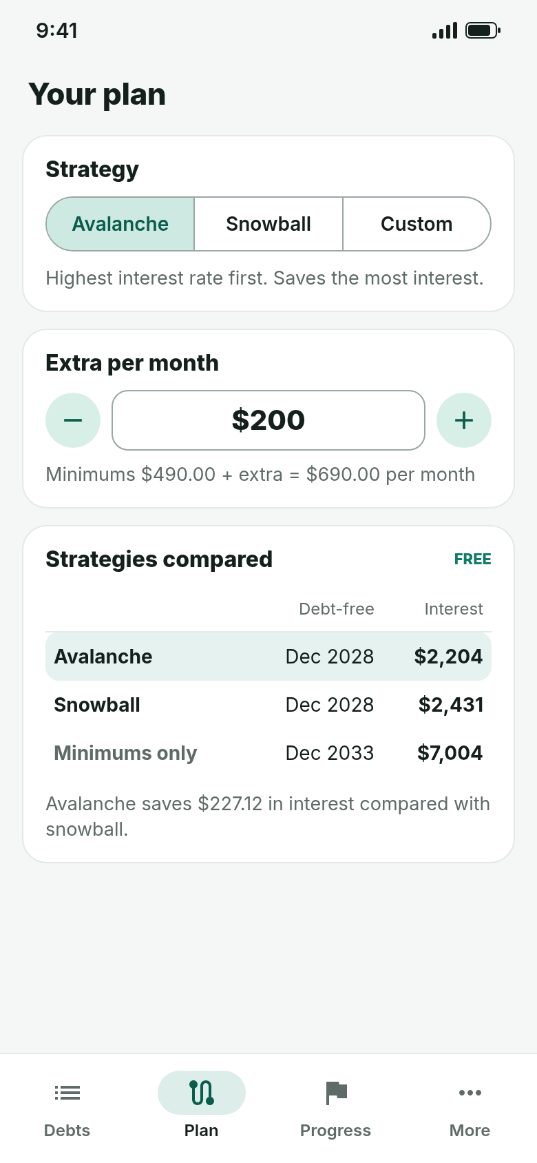 Plan tab with avalanche selected, 200 dollars extra per month and a table comparing avalanche, snowball and minimums only